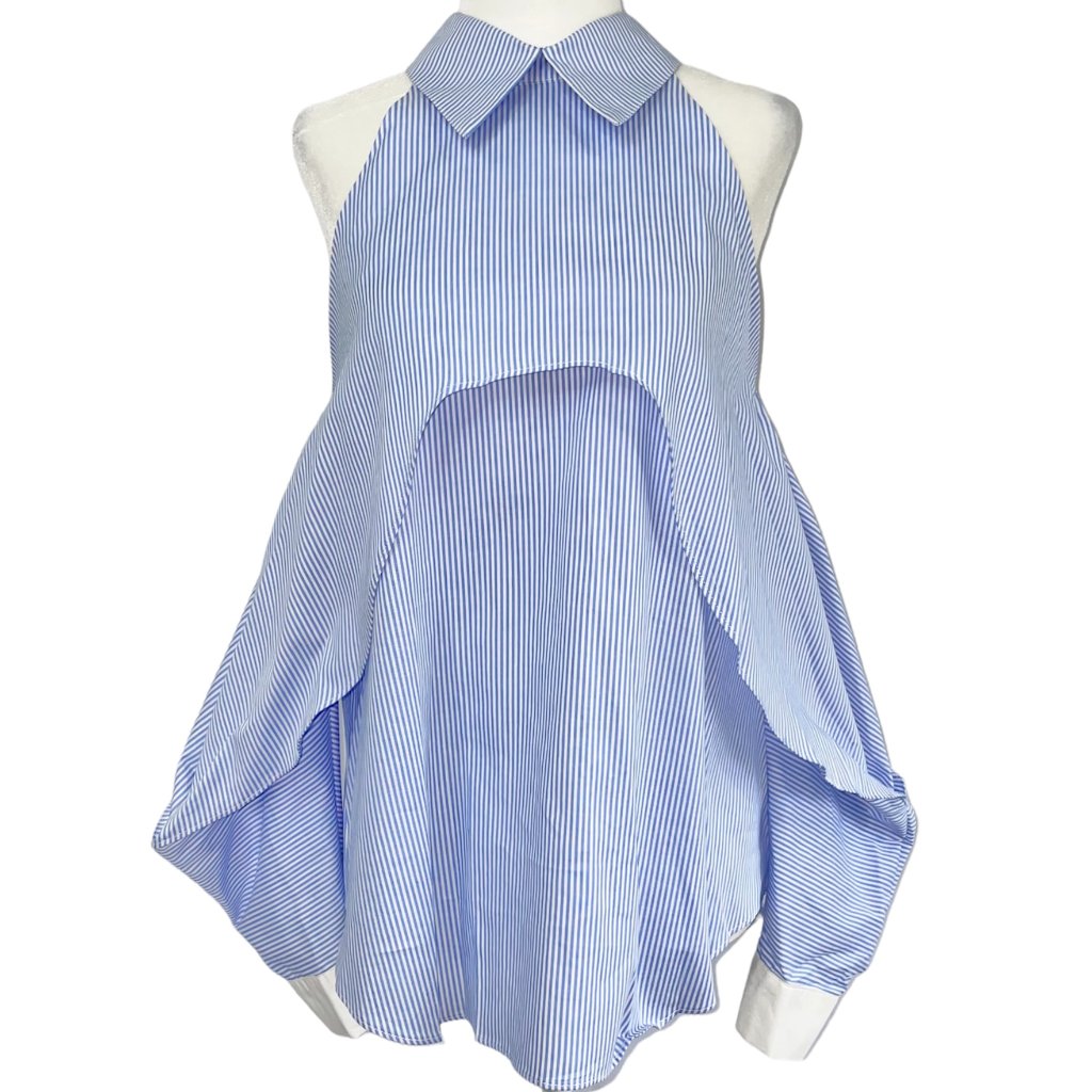 New Central Park West Fold Over Cold Shoulder Shirt Blue White Stripe Size Small